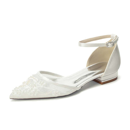 Pointed Toe Ankle Strap Flat Lace Wedding Shoes For Bride