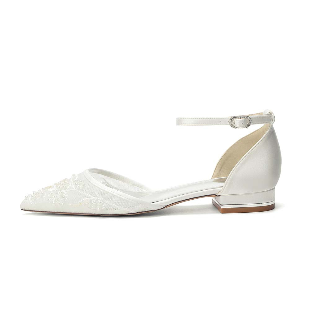Pointed Toe Ankle Strap Flat Lace Wedding Shoes For Bride
