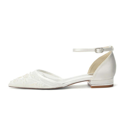 Pointed Toe Ankle Strap Flat Lace Wedding Shoes For Bride