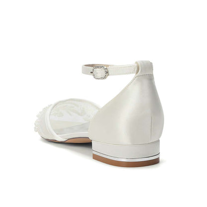 Pointed Toe Ankle Strap Flat Lace Wedding Shoes For Bride