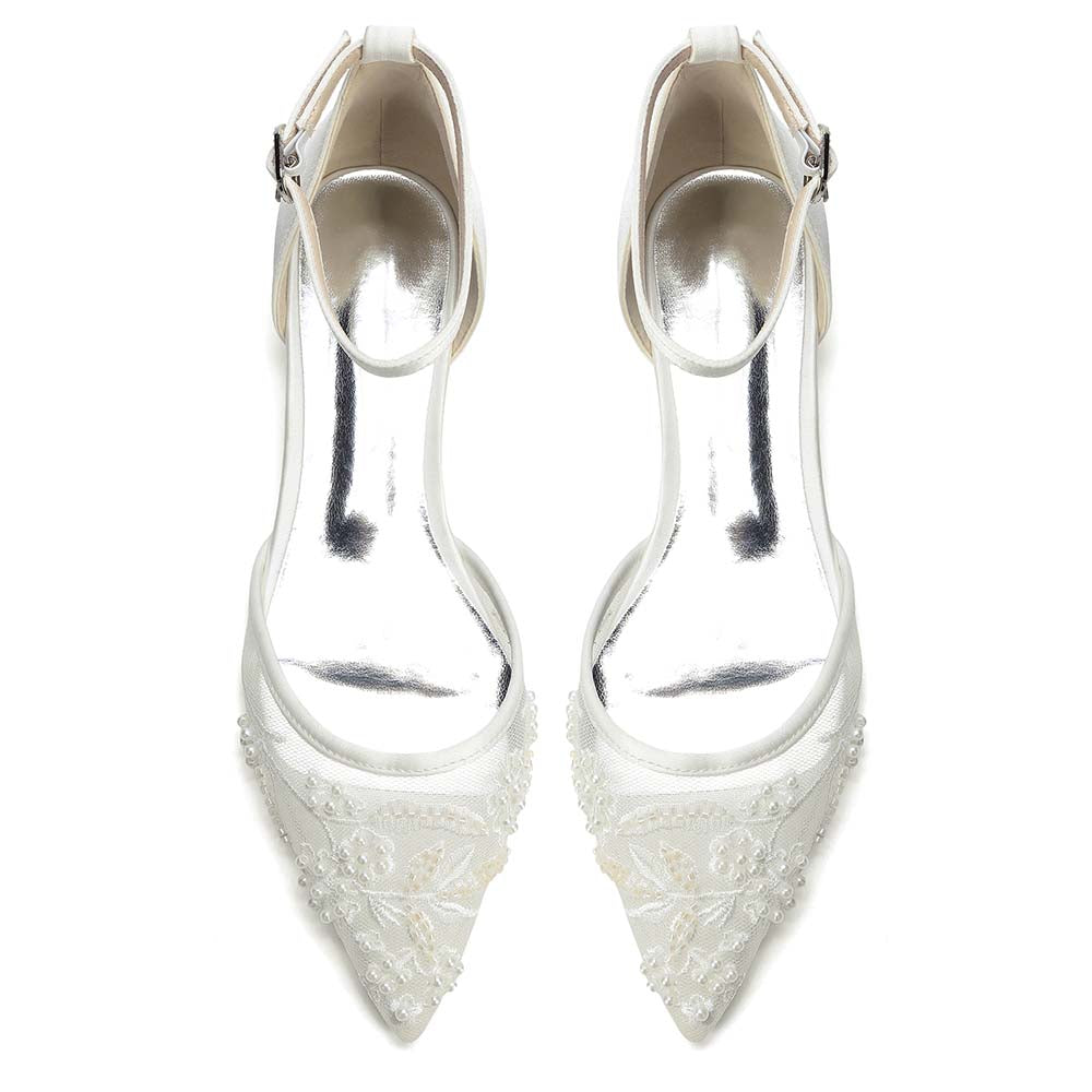 Pointed Toe Ankle Strap Flat Lace Wedding Shoes For Bride