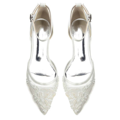 Pointed Toe Ankle Strap Flat Lace Wedding Shoes For Bride