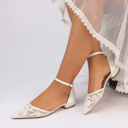 Pointed Toe Ankle Strap Flat Lace Wedding Shoes For Bride