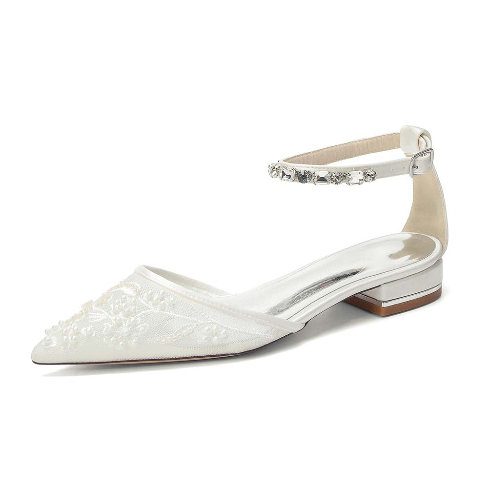 Pointed Toe Ankle Strap Lace Flats For Wedding With Rhinestones