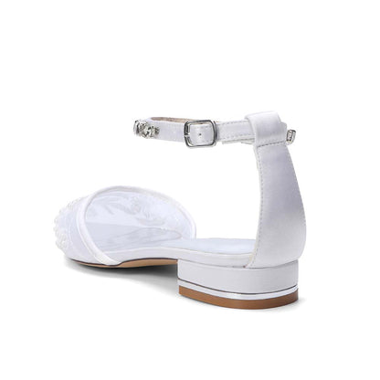 Pointed Toe Ankle Strap Lace Flats For Wedding With Rhinestones