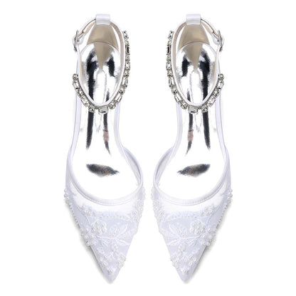 Pointed Toe Ankle Strap Lace Flats For Wedding With Rhinestones