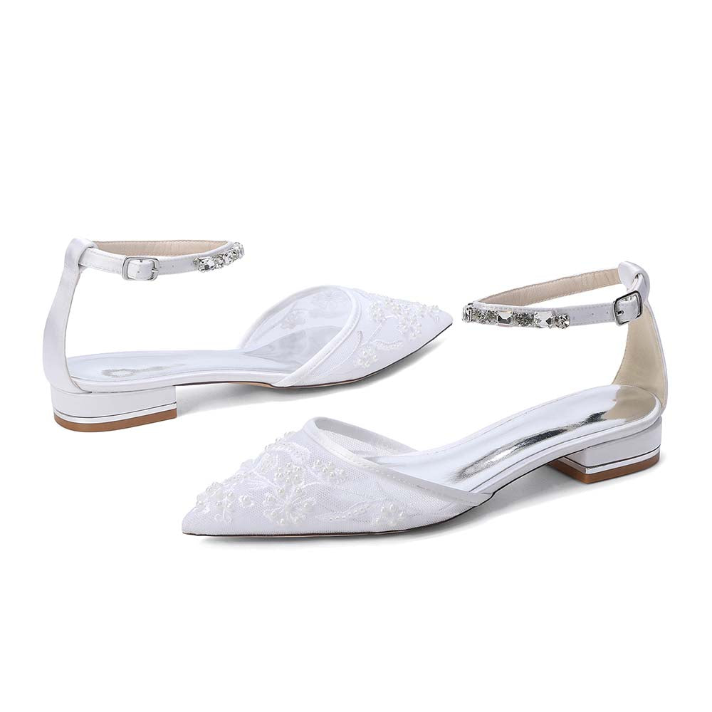 Pointed Toe Ankle Strap Lace Flats For Wedding With Rhinestones