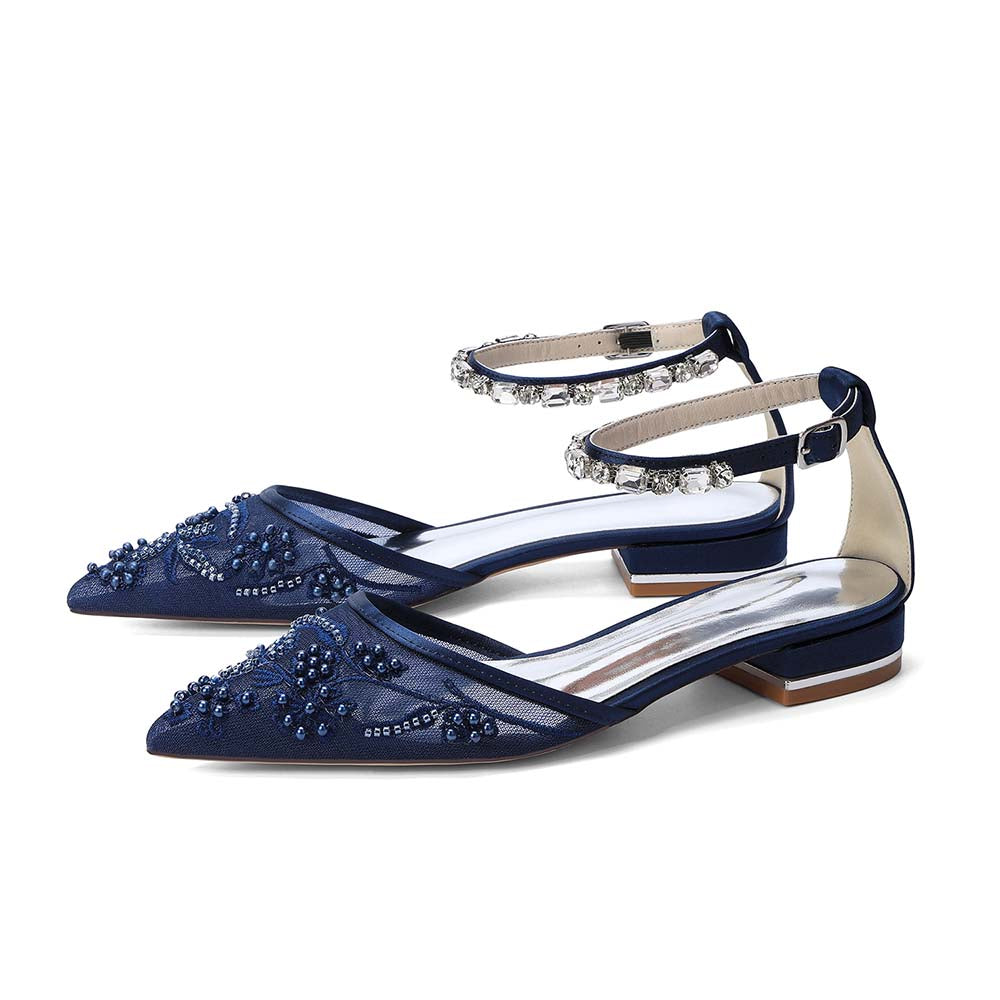 Pointed Toe Ankle Strap Lace Flats For Wedding With Rhinestones