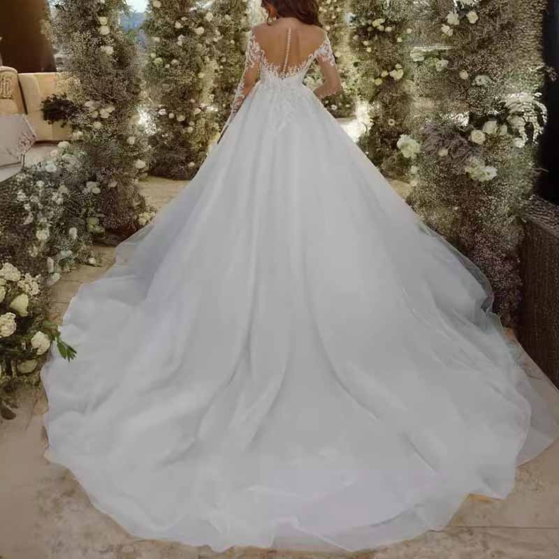 Princess Long Sleeve Wedding Dresses for Bride Tulle Lace Bridal Gown