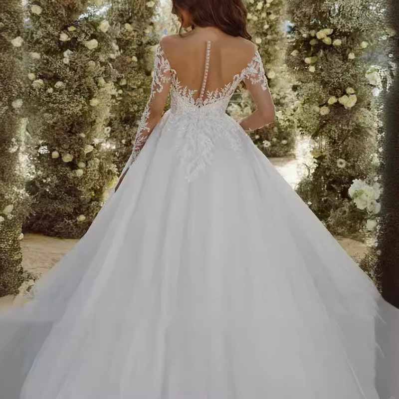 Princess Long Sleeve Wedding Dresses for Bride Tulle Lace Bridal Gown