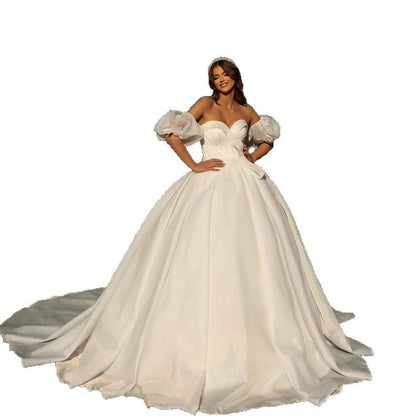 Puff Sleeve Ball Gown Wedding Dress – Satin, Off-Shoulder, Sweetheart Neckline
