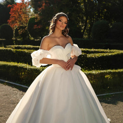 Puff Sleeve Ball Gown Wedding Dress – Satin, Off-Shoulder, Sweetheart Neckline