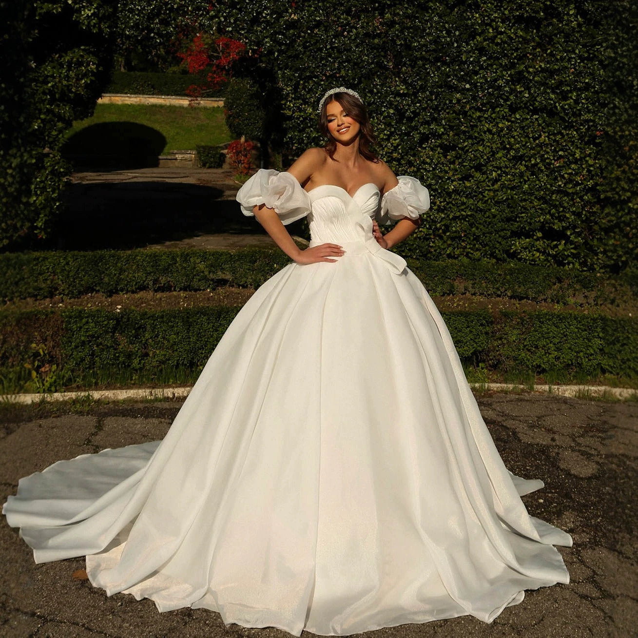 Puff Sleeve Ball Gown Wedding Dress – Satin, Off-Shoulder, Sweetheart Neckline