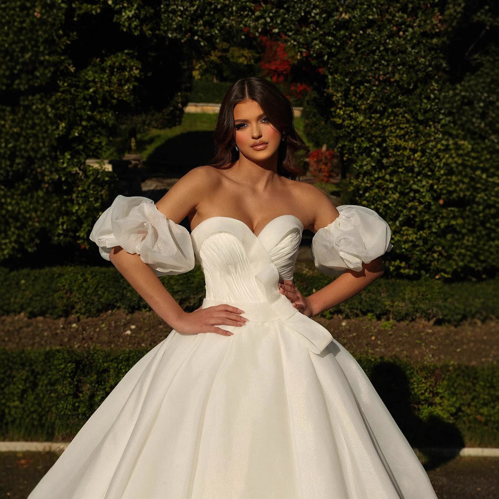 Puff Sleeve Ball Gown Wedding Dress – Satin, Off-Shoulder, Sweetheart Neckline