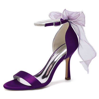 High Heel Sandals for Women | Bridal Wedding Shoes with Ankle Strap & Organza Bow | Satin Open Toe Stilettos for Party Evening Formal