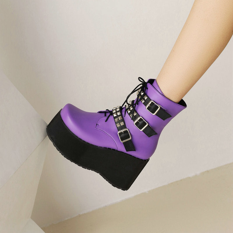 Purple Platform Wedge Boots with Buckle Strap