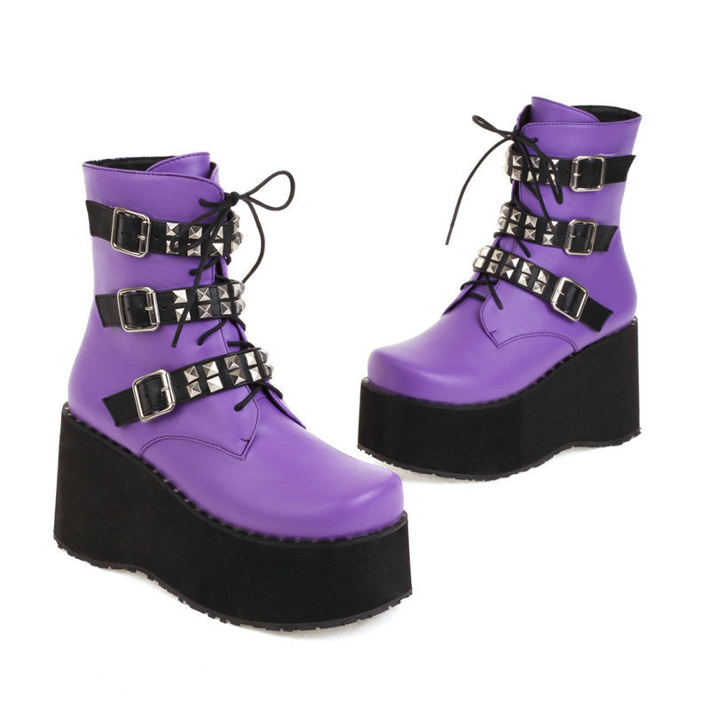 Purple Platform Wedge Boots with Buckle Strap