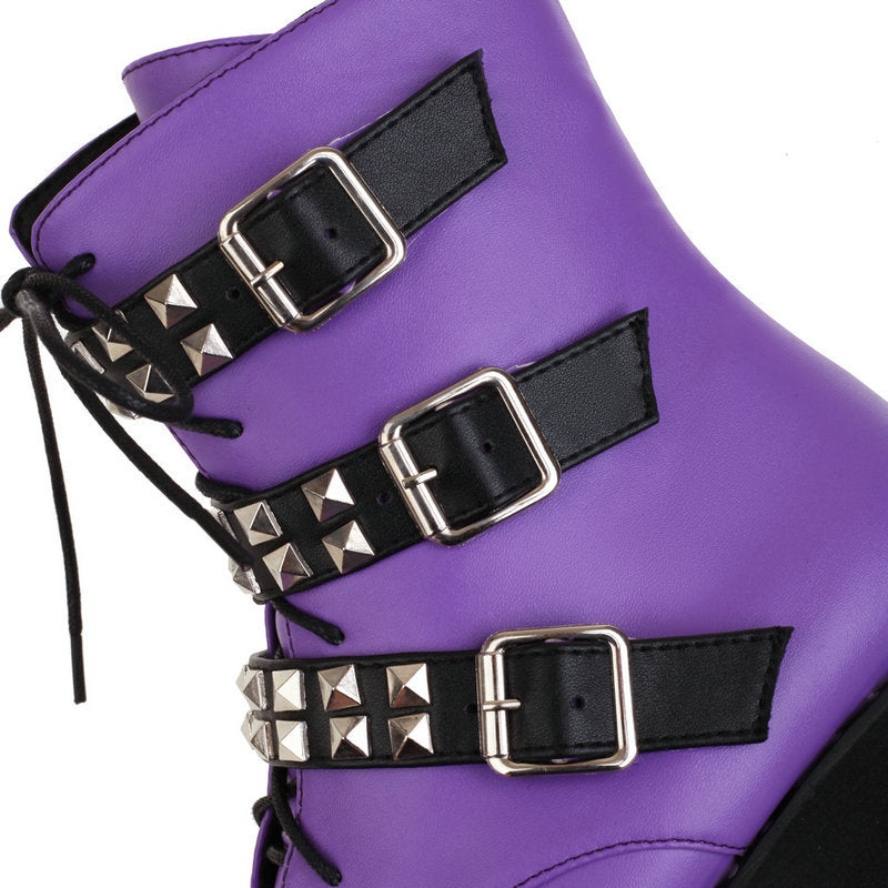 Purple Platform Wedge Boots with Buckle Strap