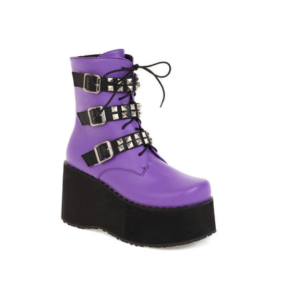 Purple Platform Wedge Boots with Buckle Strap