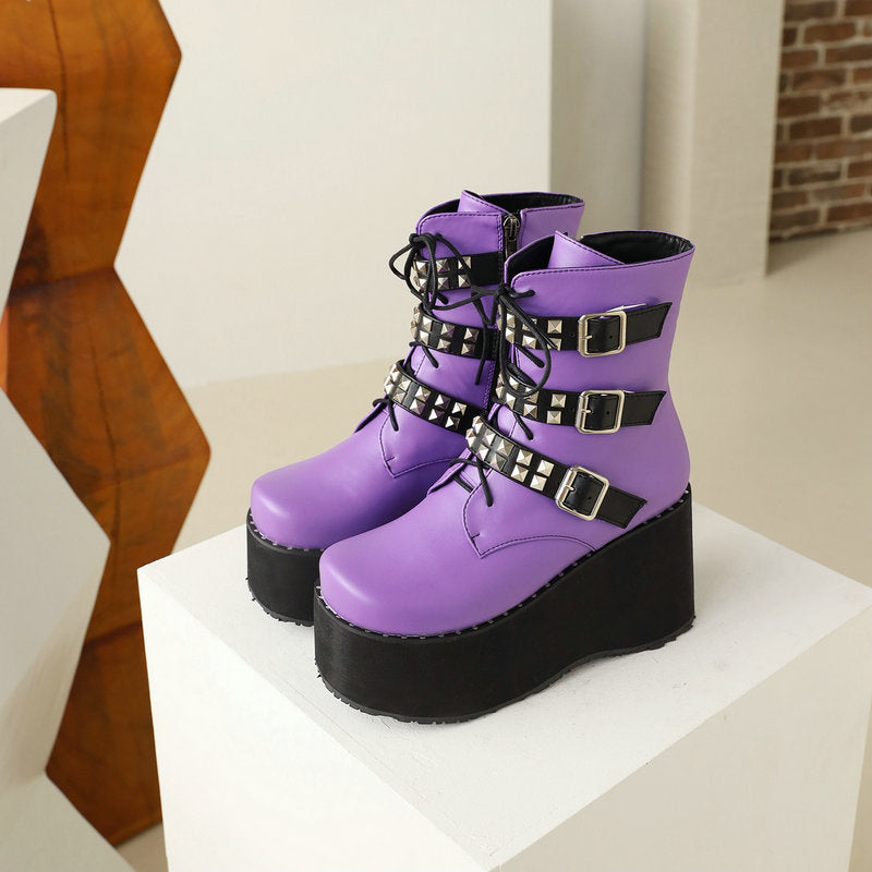 Purple Platform Wedge Boots with Buckle Strap