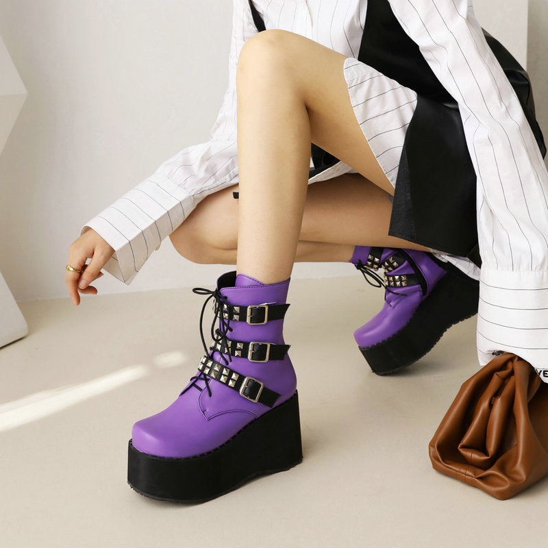 Purple Platform Wedge Boots with Buckle Strap