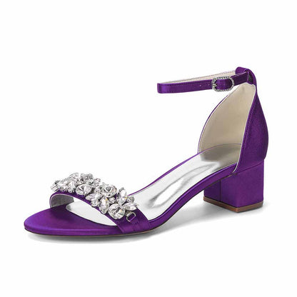 Women's Rhinestone Embellished Satin Strap Chunky Heel Sandals - Wedding Party Bridal Dress Shoes for Women
