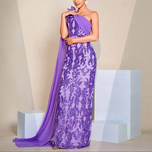 Purple Ribboned One Shoulder Sequin Prom Dress Long Evening Gown