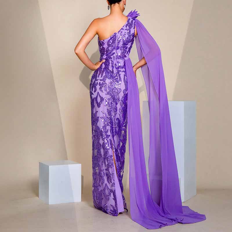 Purple Ribboned One Shoulder Sequin Prom Dress Long Evening Gown