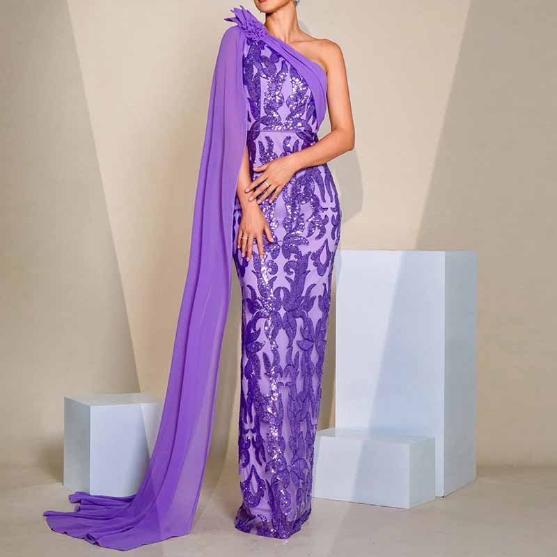 Purple Ribboned One Shoulder Sequin Prom Dress Long Evening Gown