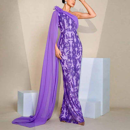 Purple Ribboned One Shoulder Sequin Prom Dress Long Evening Gown