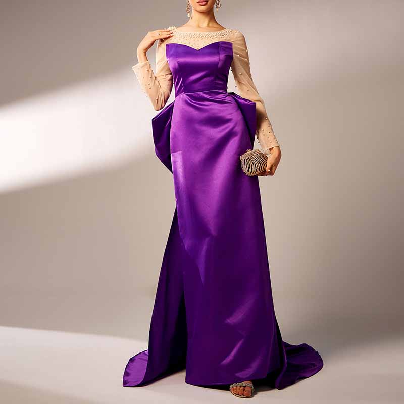 Purple Satin Prom Dress Round-Neck Long Sleeve Gown With Back Bow Embellished