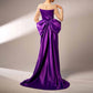 Purple Satin Prom Dress Round-Neck Long Sleeve Gown With Back Bow Embellished