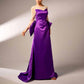 Purple Satin Prom Dress Round-Neck Long Sleeve Gown With Back Bow Embellished