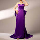 Purple Satin Prom Dress Round-Neck Long Sleeve Gown With Back Bow Embellished