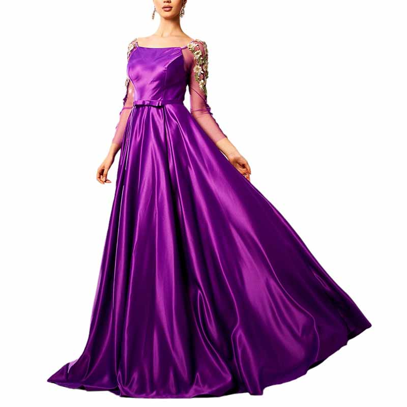 Purple Satin Prom Dress Square-Neck Appliqued Sleeve Long Formal Dress