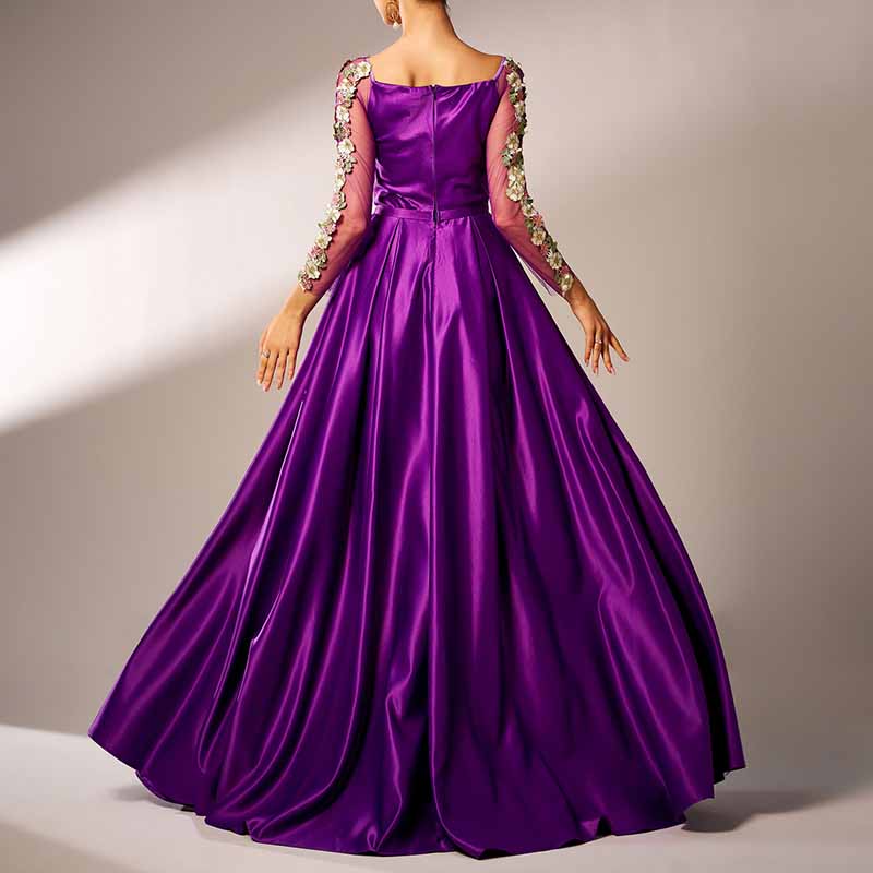 Purple Satin Prom Dress Square-Neck Appliqued Sleeve Long Formal Dress