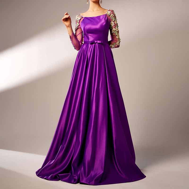 Purple Satin Prom Dress Square-Neck Appliqued Sleeve Long Formal Dress