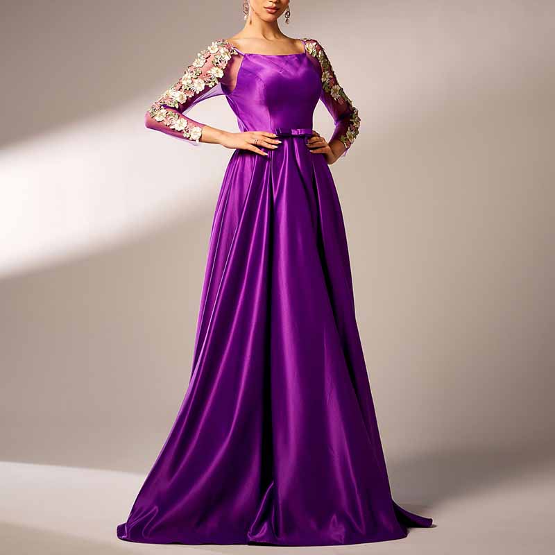 Purple Satin Prom Dress Square-Neck Appliqued Sleeve Long Formal Dress