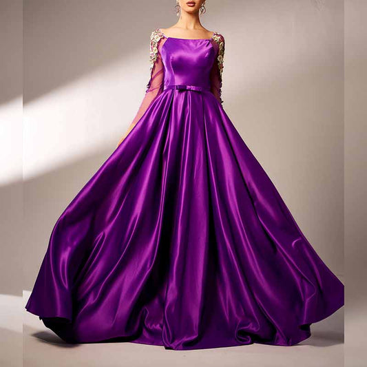 Purple Satin Prom Dress Square-Neck Appliqued Sleeve Long Formal Dress