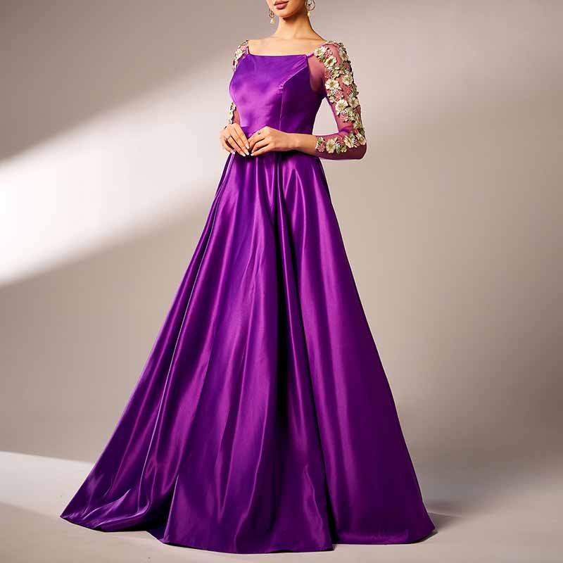 Purple Satin Prom Dress Square-Neck Appliqued Sleeve Long Formal Dress