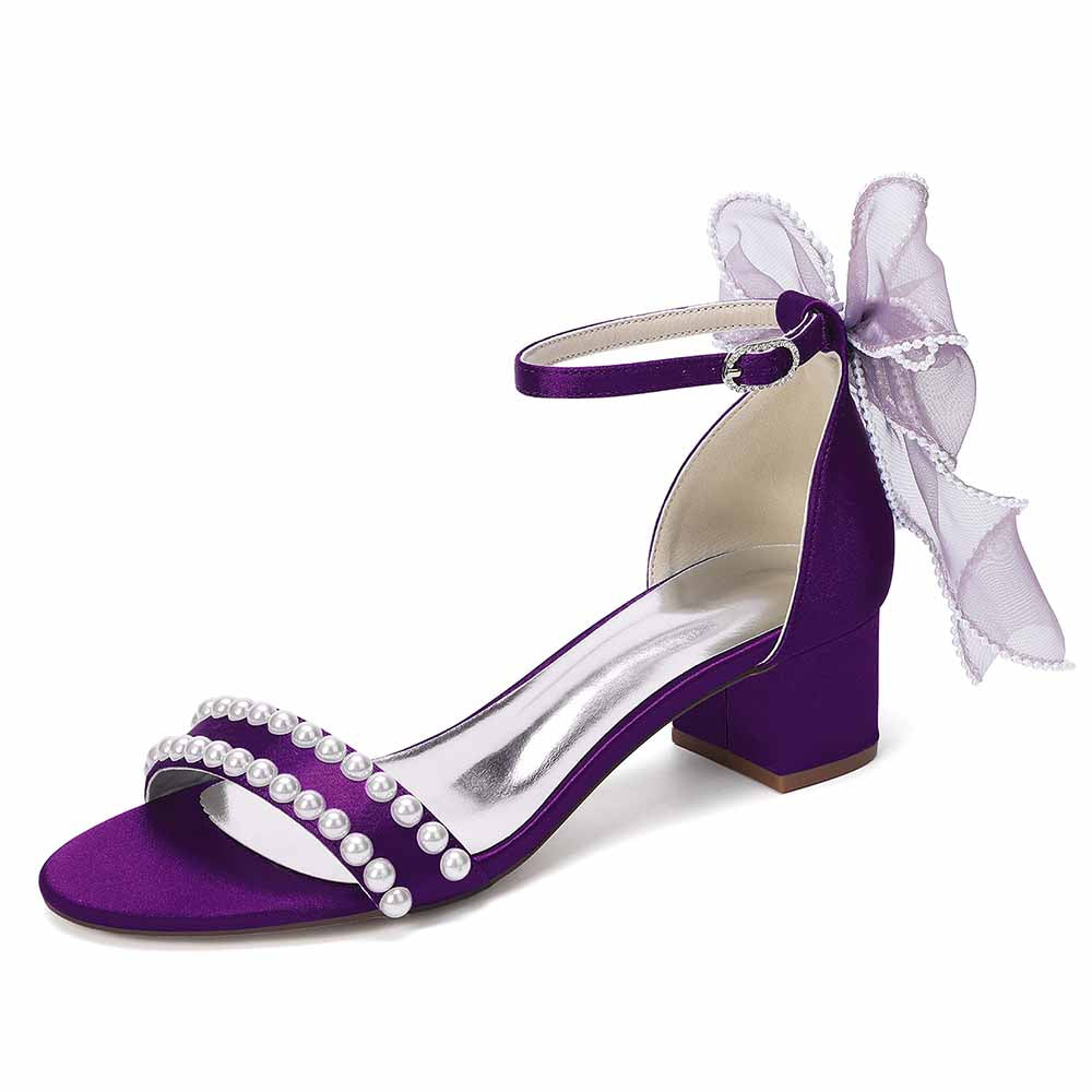 Women's Pearl Bridal Sandals with Bowknot, Block Heel Ankle Strap Wedding Shoes