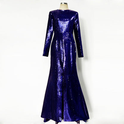 Sequin Maxi Dress – High Neck Long Sleeve Gown with Front Slit for Formal Events