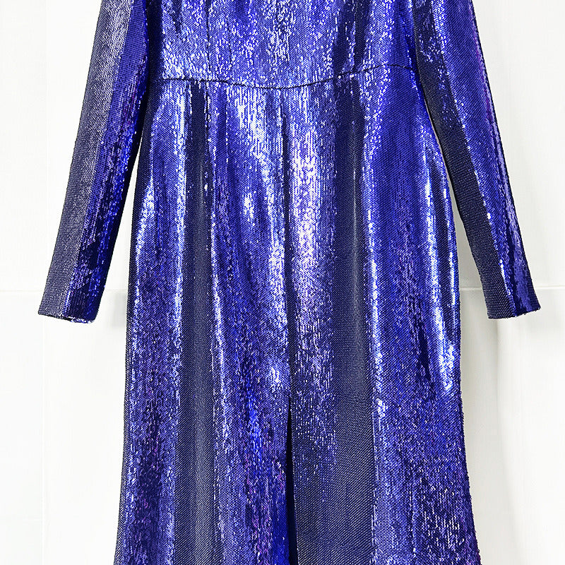 Sequin Maxi Dress – High Neck Long Sleeve Gown with Front Slit for Formal Events