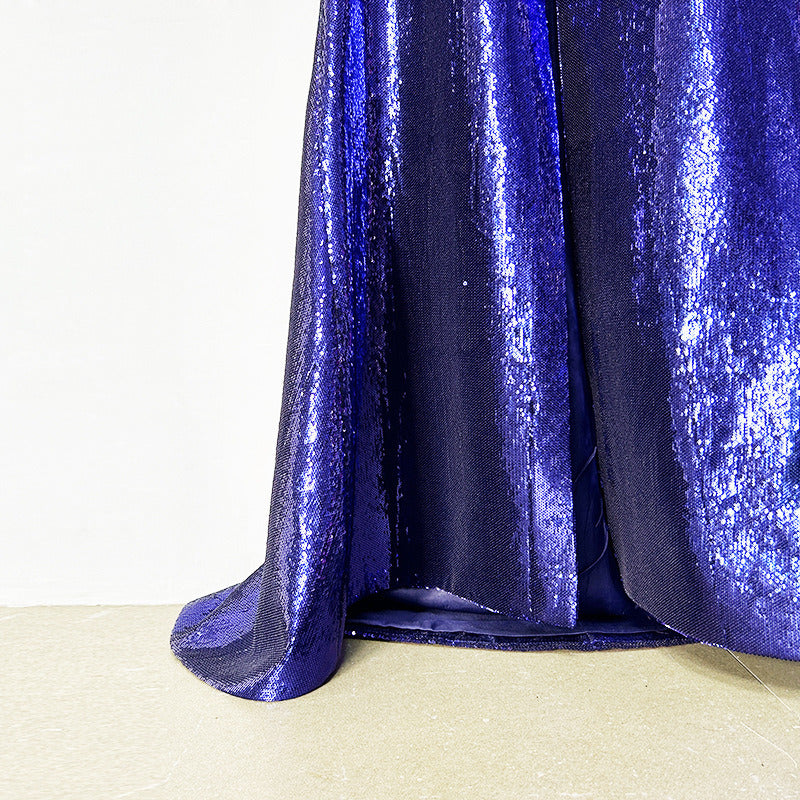 Sequin Maxi Dress – High Neck Long Sleeve Gown with Front Slit for Formal Events