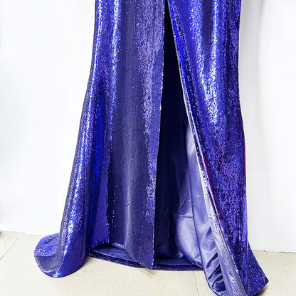 Sequin Maxi Dress – High Neck Long Sleeve Gown with Front Slit for Formal Events