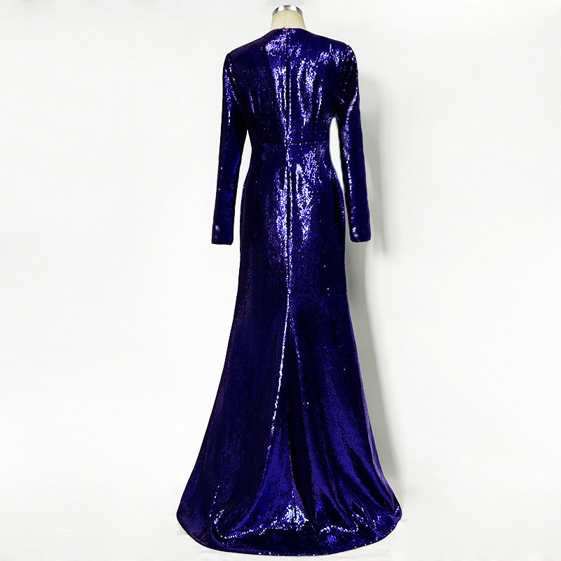 Sequin Maxi Dress – High Neck Long Sleeve Gown with Front Slit for Formal Events