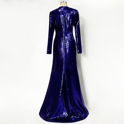 Sequin Maxi Dress – High Neck Long Sleeve Gown with Front Slit for Formal Events