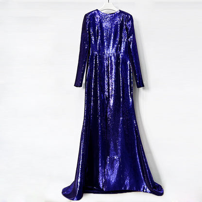 Sequin Maxi Dress – High Neck Long Sleeve Gown with Front Slit for Formal Events