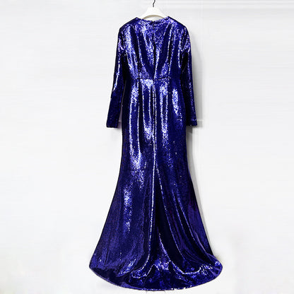 Sequin Maxi Dress – High Neck Long Sleeve Gown with Front Slit for Formal Events