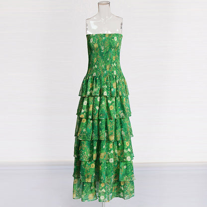 Strapless Layered Tiered Floral Print Dress Green Chic Dress